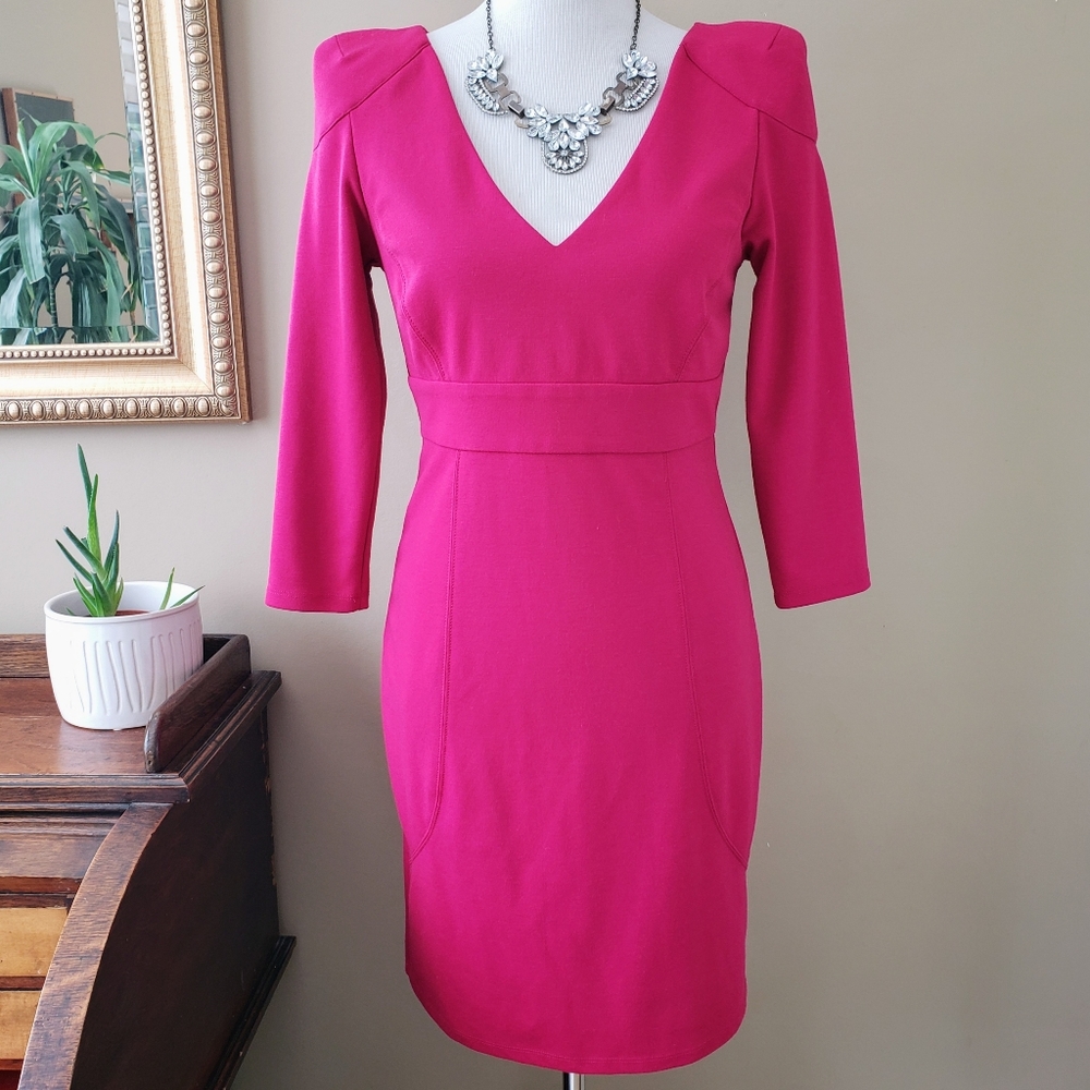 Ted Baker London Saco Pink Magenta V-Neck Sheath Dress 3/4 Sleeve Size 8